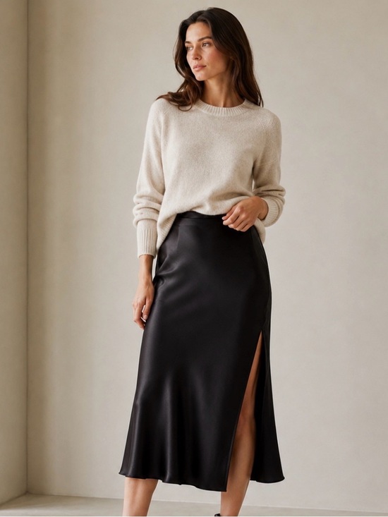 Lilysilk Dresses & Skirts - LILYSILK Black 100% Mulberry Silk Bias Cut Midi Skirt Side Slit Size 4